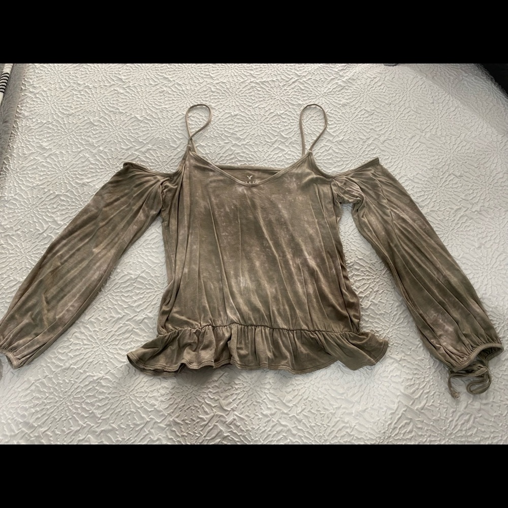 American Eagle Green Tye Die Off The Shoulder Long Sleeve Shirt